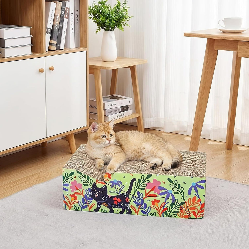 Floral-sided rectangular cat scratcher lounge with a flat cardboard pad