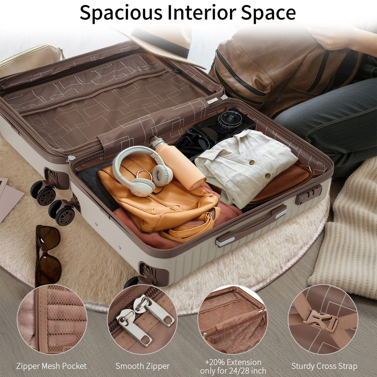 Open hard-shell suitcase interior with brown lining, zipper pockets, and packing straps.