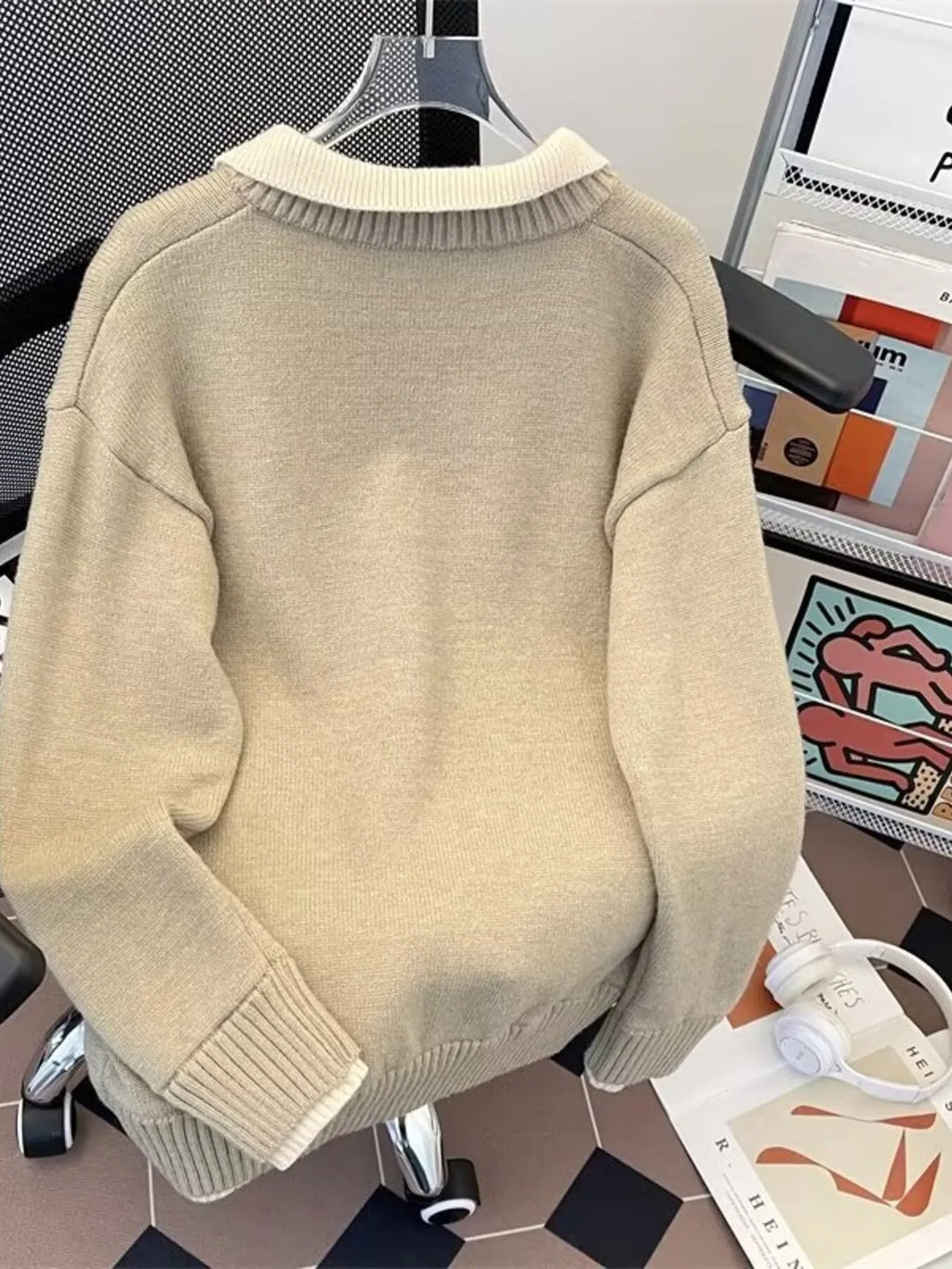 Cream long-sleeve knit sweater with ribbed cuffs and hem, crew neck back