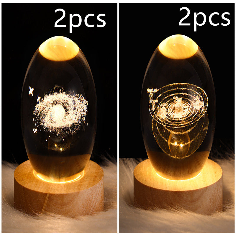 Set of crystal ball LED night lights: moon swirl and planet ring design