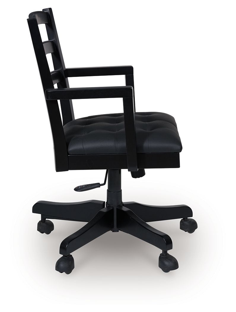 Office swivel chair side view with dark upholstered seat, black frame, and caster base.