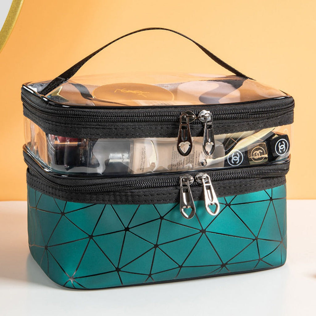 Double-layer transparent cosmetic bag with black zipper and teal geometric pattern base