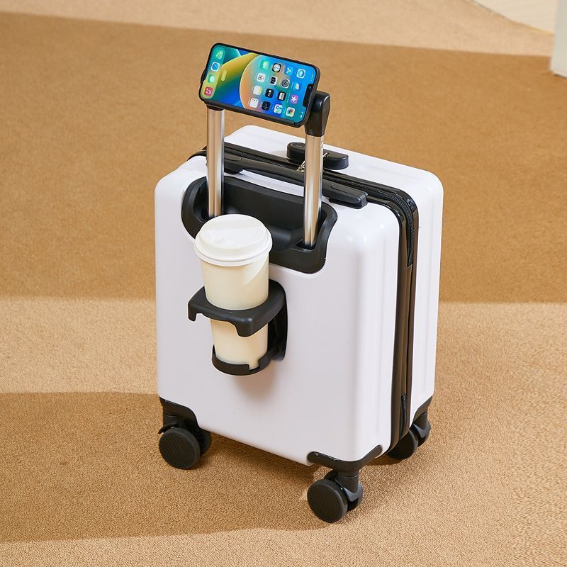 14-inch mini password luggage with cup holder, phone dock, rolling wheels, white shell