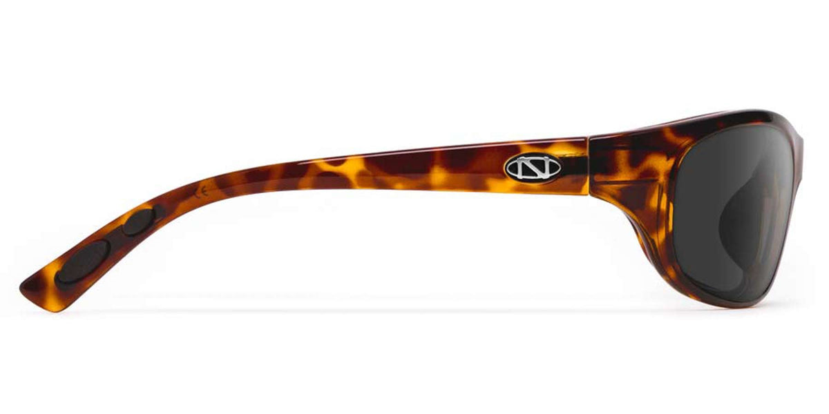 Oak Harbor tortoise sunglasses, side profile with dark gray polarized lens