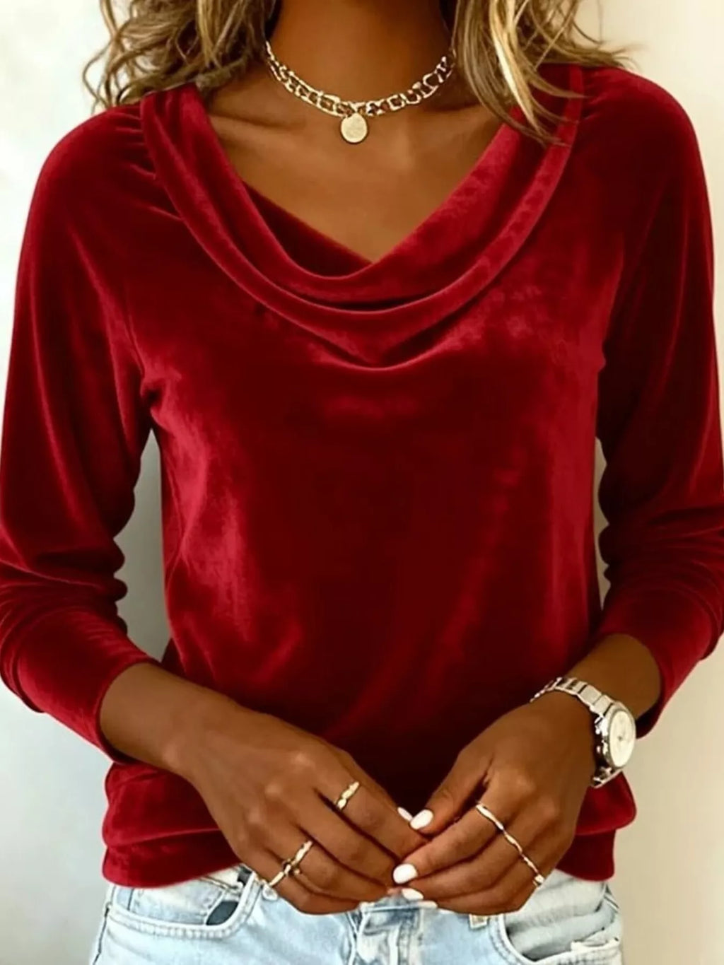Red velvet cowl-neck long-sleeve top with draped neckline, relaxed fit