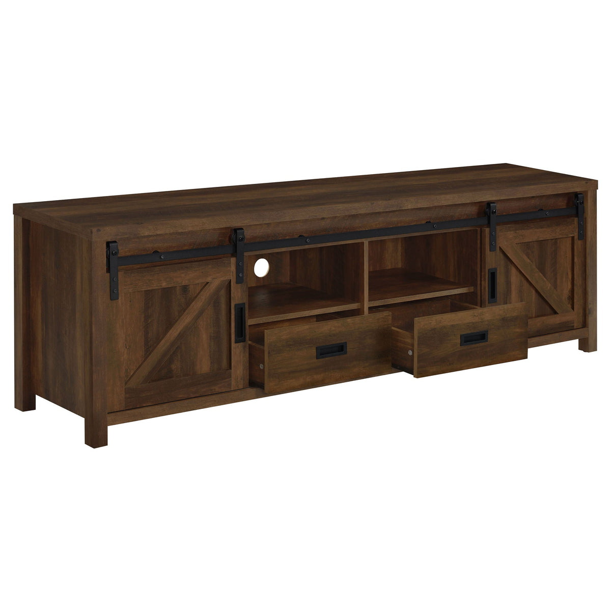 Dark pine TV stand with two doors, open center storage, and two drawer fronts