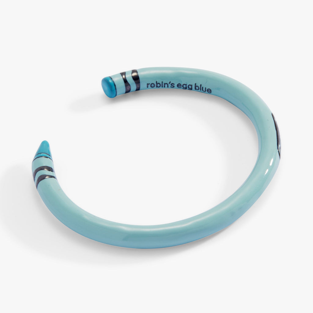 Robin's egg blue Crayola crayon cuff bracelet with 'robin's egg blue' text