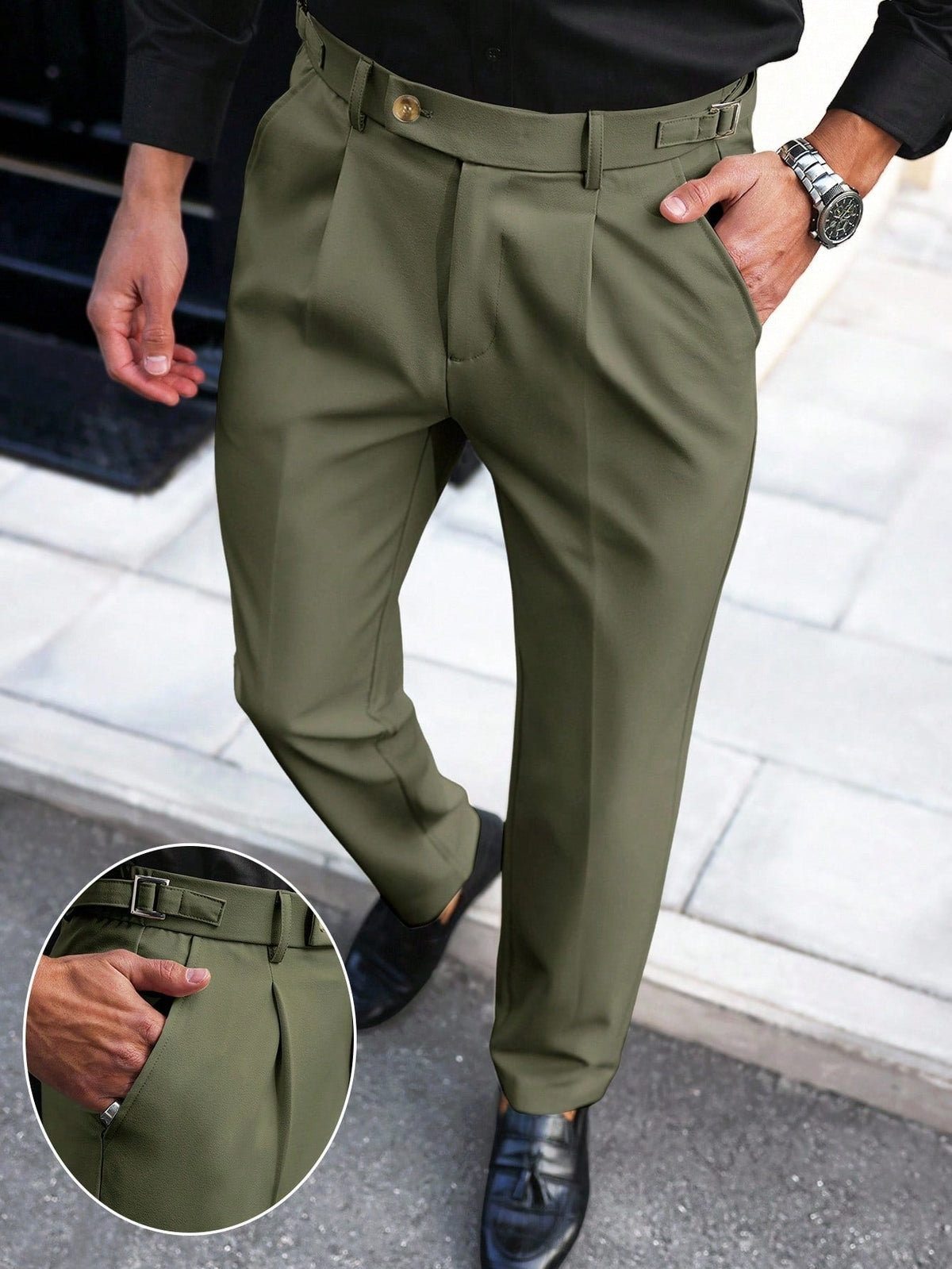 Army green straight-leg trousers with belt loops, button fly, and front pleat details