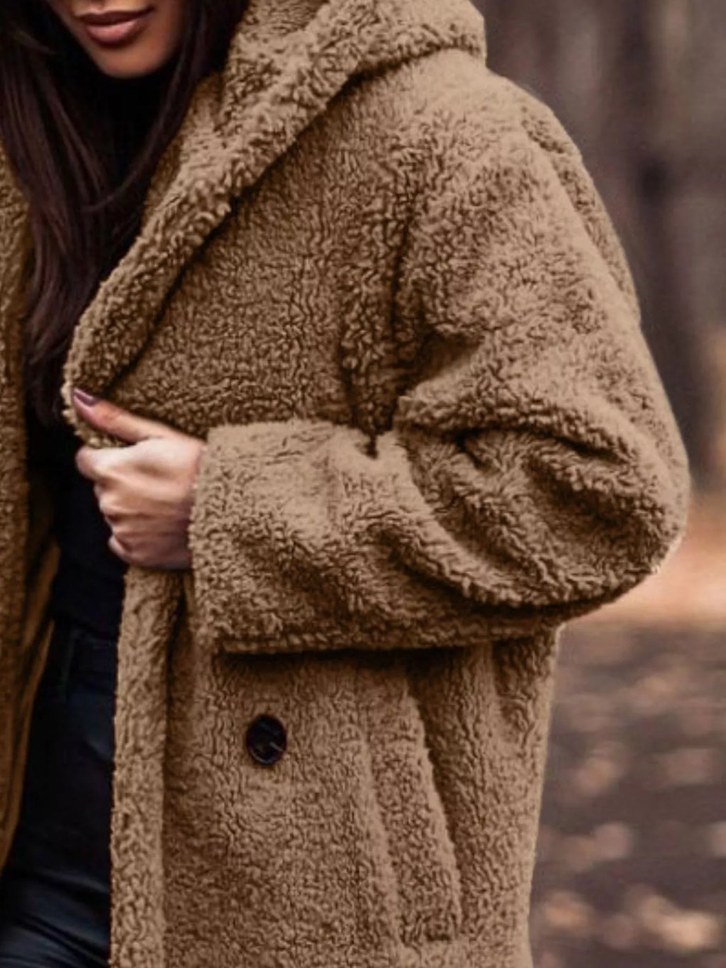 Brown hooded teddy longline coat with button front and soft textured fleece.