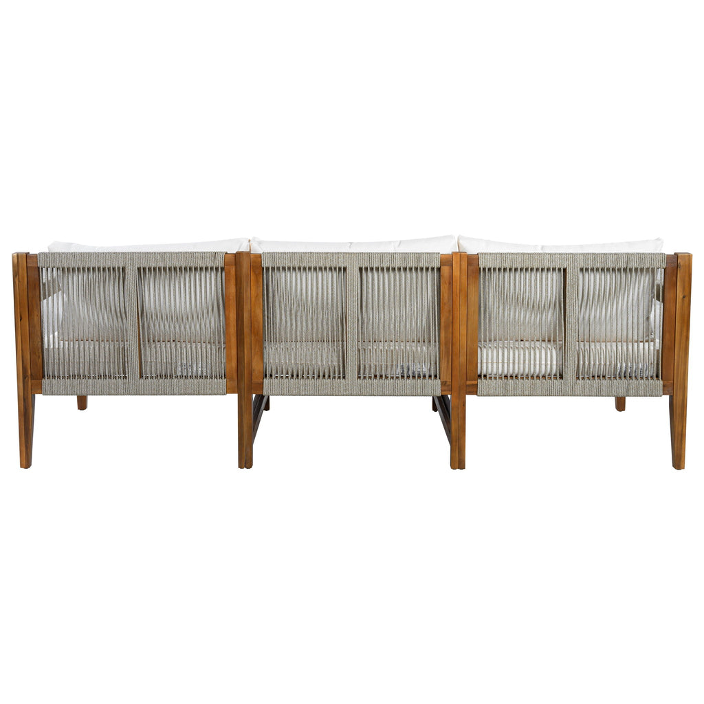 Acacia back view of sofa with rope lattice panels and white back cushions