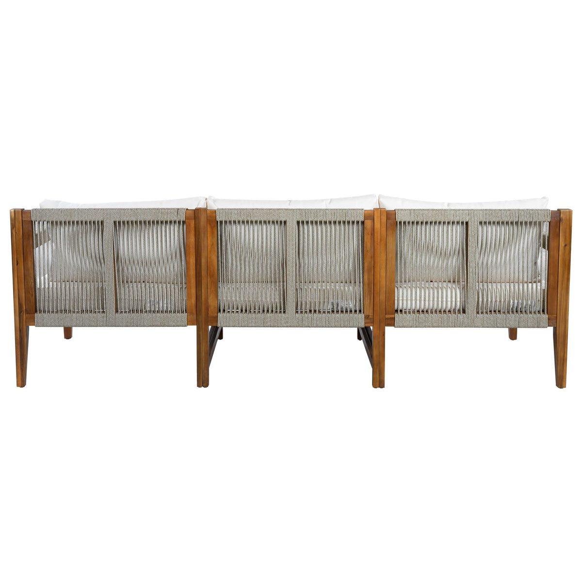 Acacia back view of sofa with rope lattice panels and white back cushions