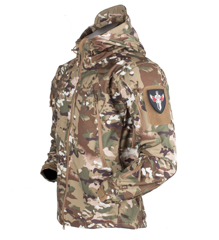 Three-in-one all-weather shell jacket in desert camouflage with zip front and hood