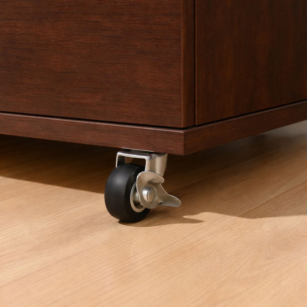 Close-up of a dresser's black caster wheel and metal brake
