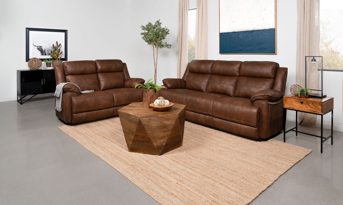 Dark brown upholstered sofa set with padded arms and seat cushions, 2-piece layout