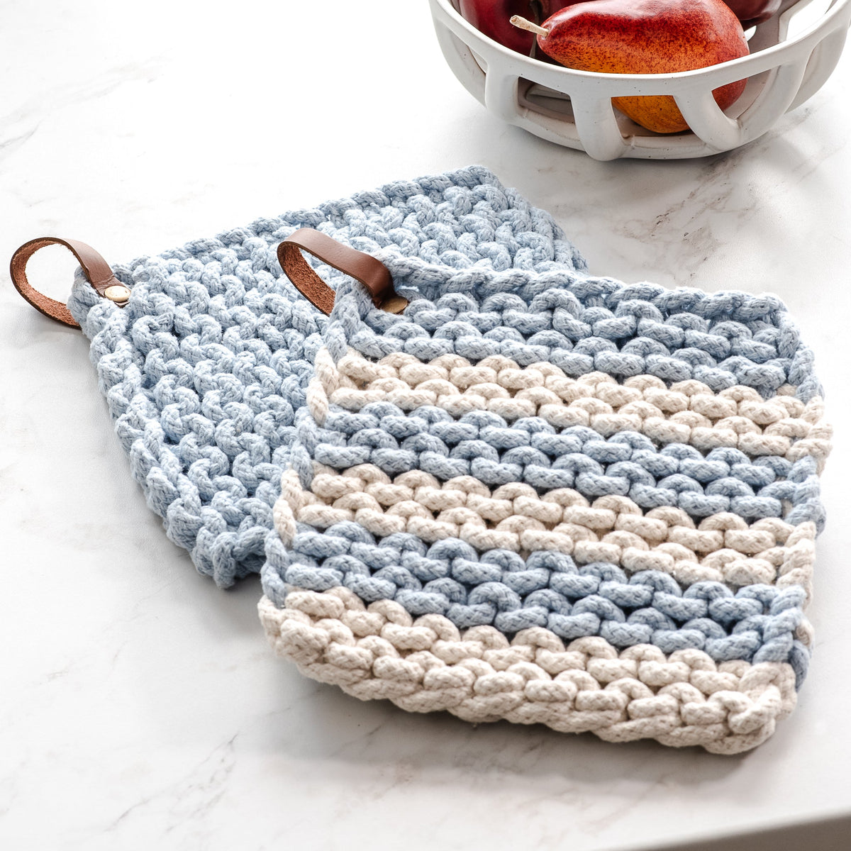 Chunky knit cotton pot holder, light blue with cream stripe and leather hanging loop