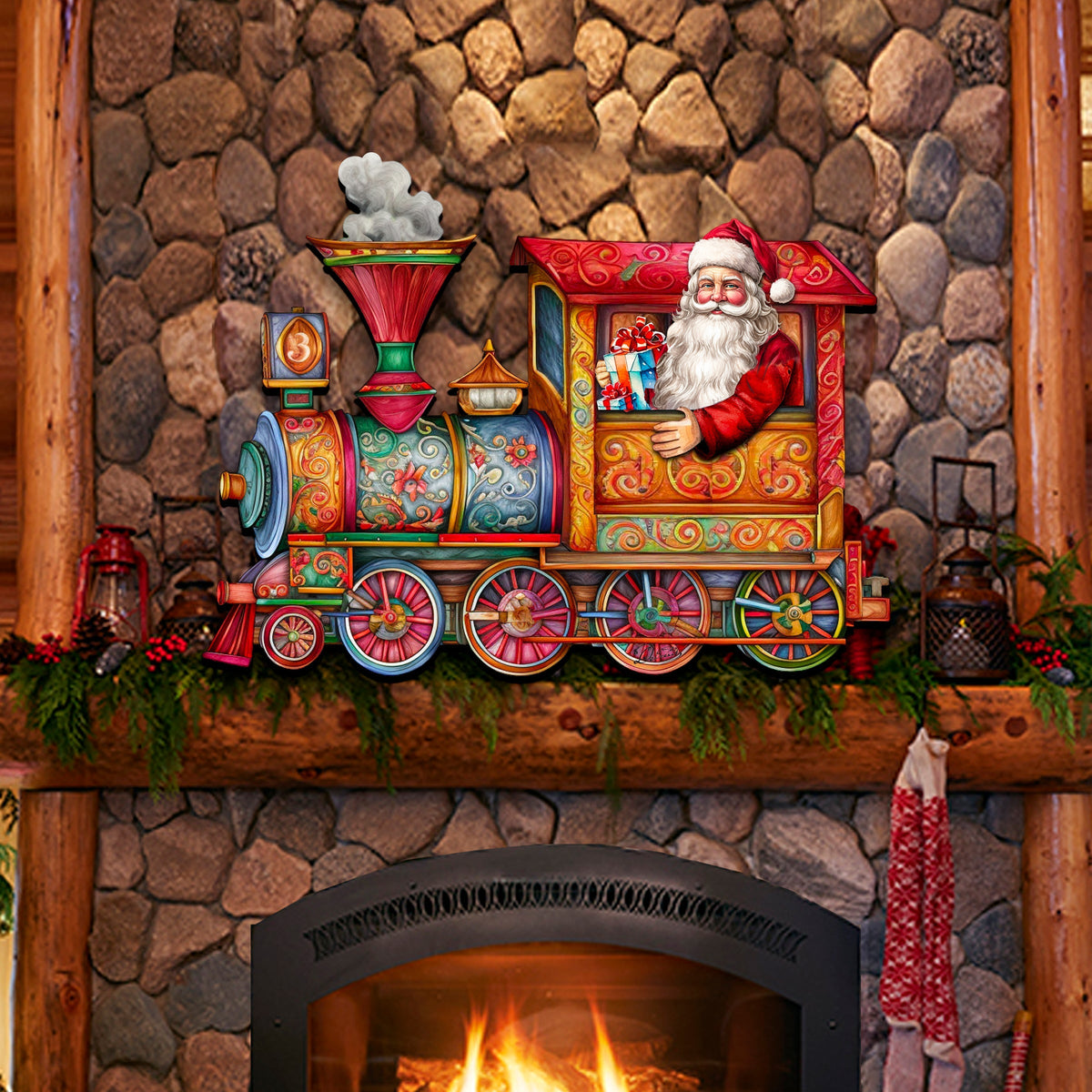 Santa train door decoration with snowman smokestack and festive locomotive on stone wall