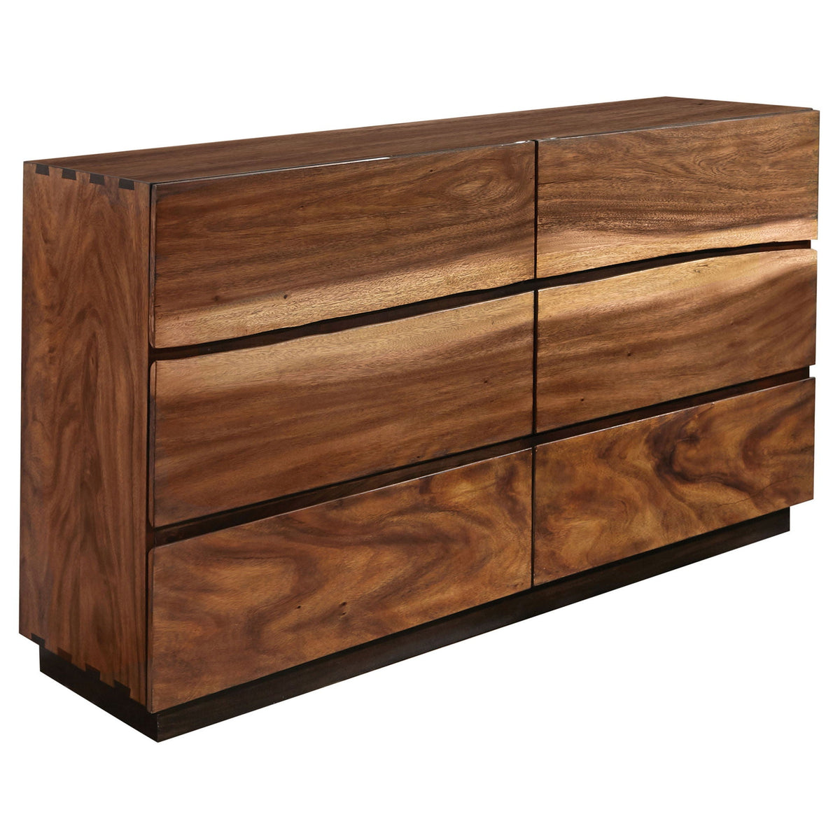 Smokey walnut dresser with four drawers and long bar pulls