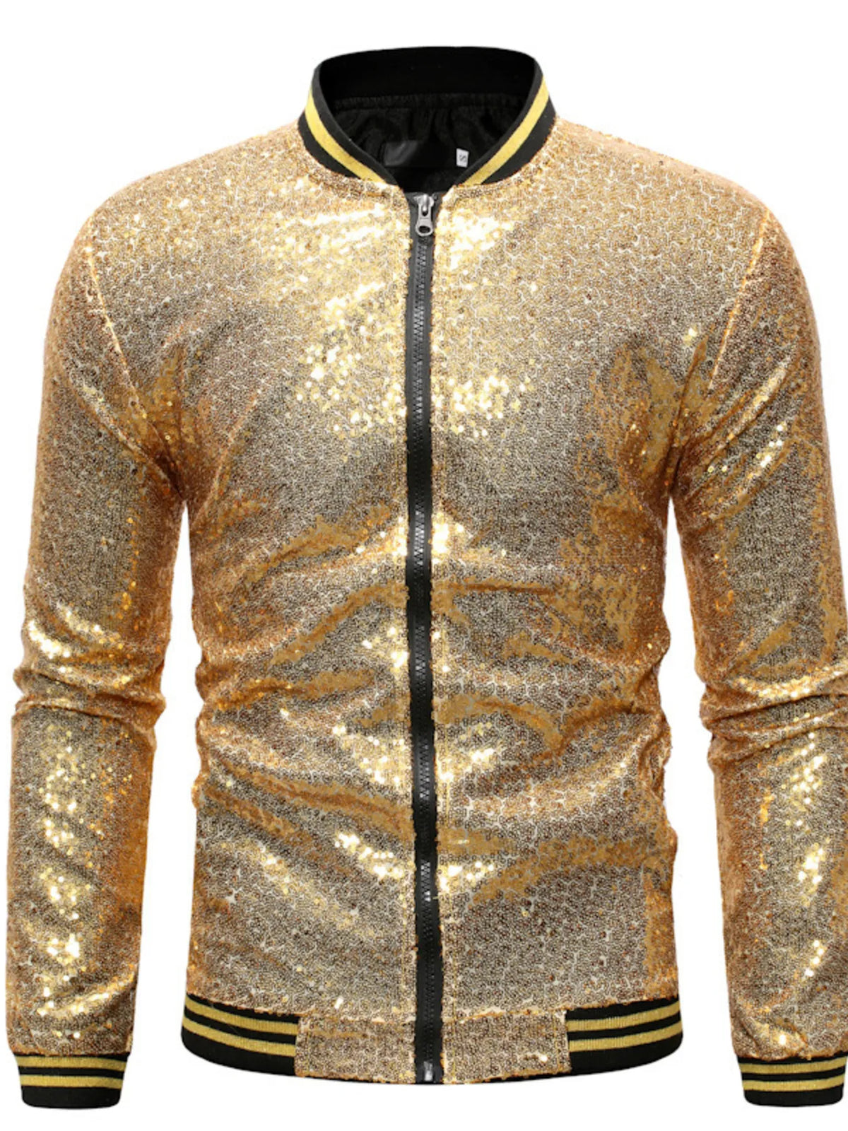 Gold sequin zip-up jacket with front zipper and ribbed yellow striped cuffs