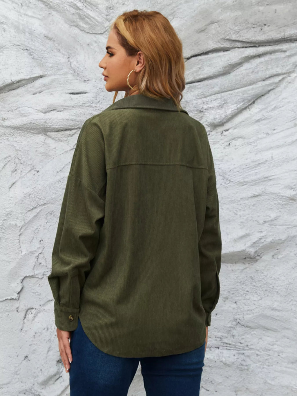 Olive corduroy button-front shirt, back view with collar and button cuffs