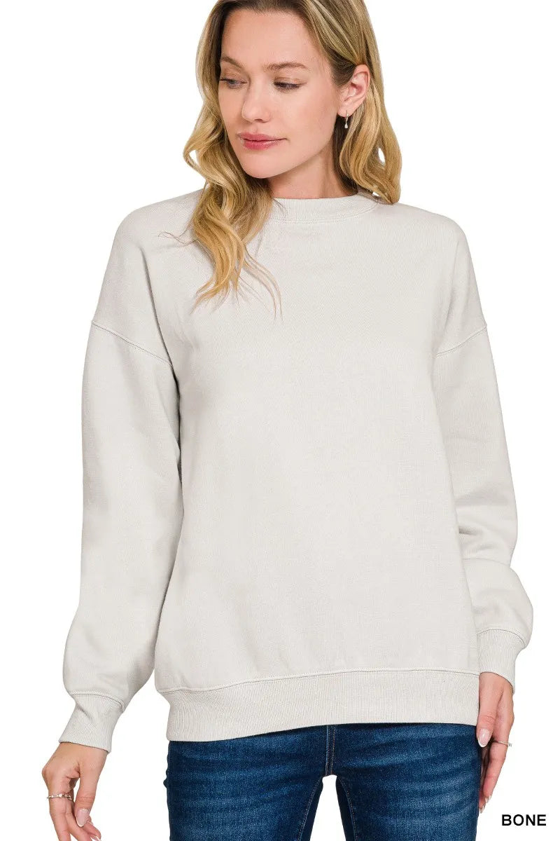 Bone fleece crewneck long-sleeve sweatshirt with ribbed cuffs and hem