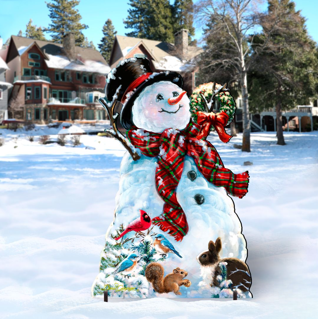 Christmas yard sign featuring smiling snowman, red plaid scarf, wreath and birds