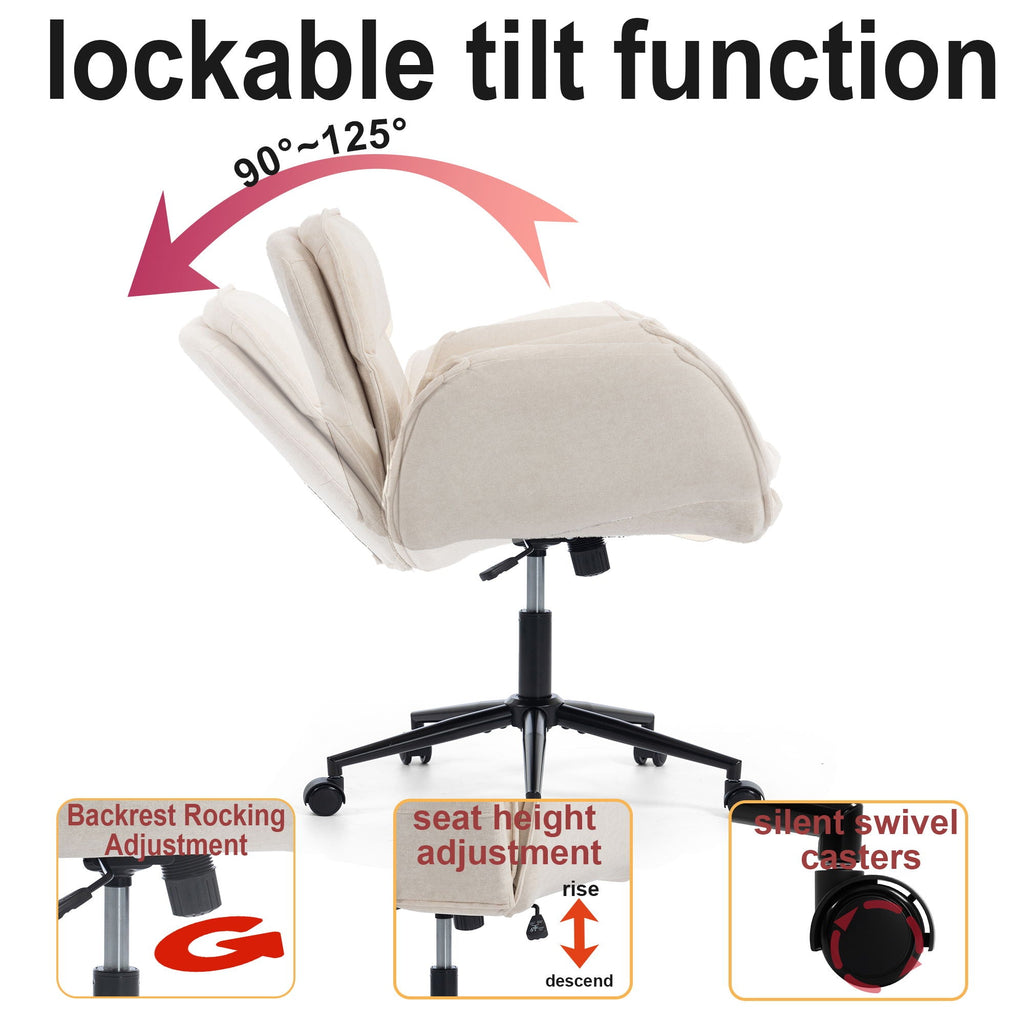 Beige fabric swivel desk chair with adjustable armrests and rolling casters