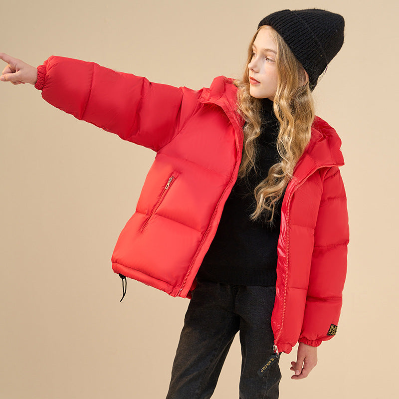 Kids' red puffer jacket with hood, zip front and thick insulated padding