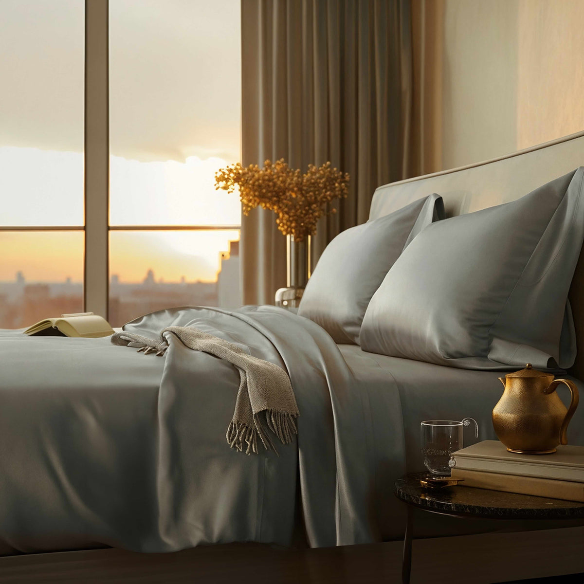 Light blue sateen duvet cover and pillowcases on bed.