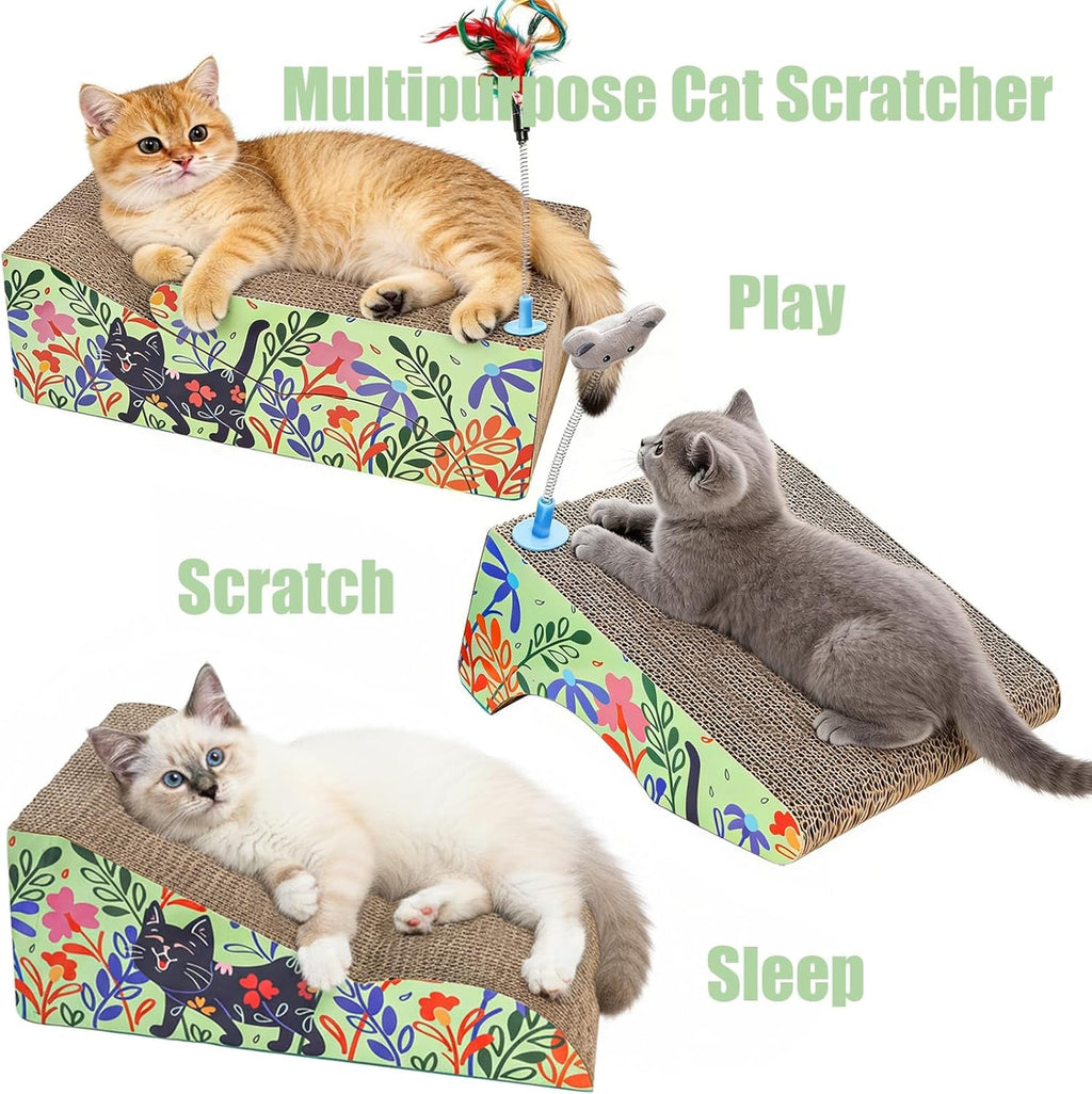 Cat scratcher lounge shown for scratching, playing, and resting