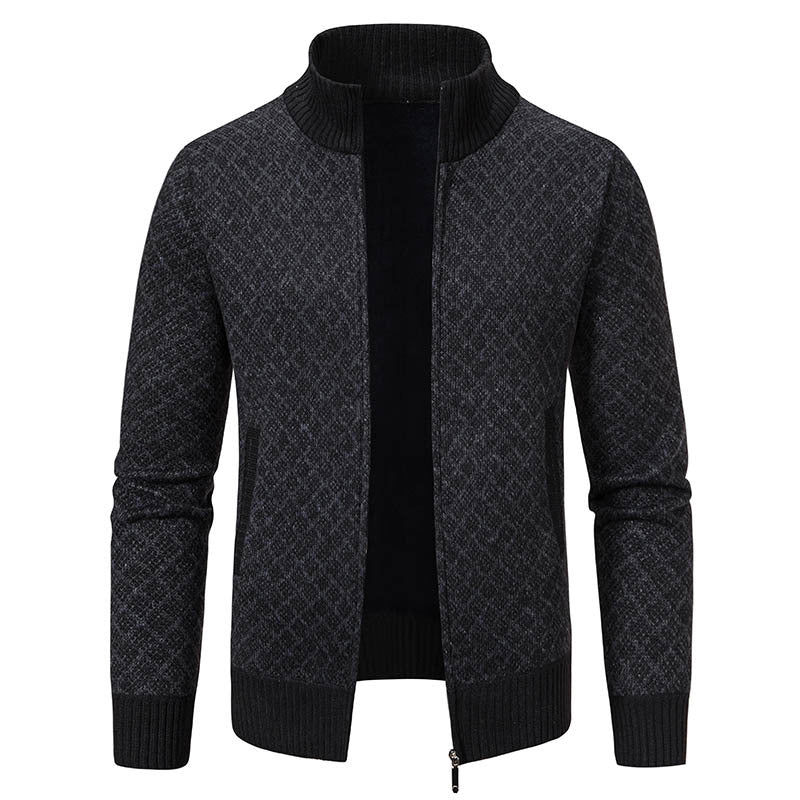 Men's plaid knit zip jacket with stand collar, dark gray pattern and contrast zipper trim