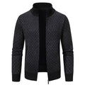 Men's plaid knit zip jacket with stand collar, dark gray pattern and contrast zipper trim