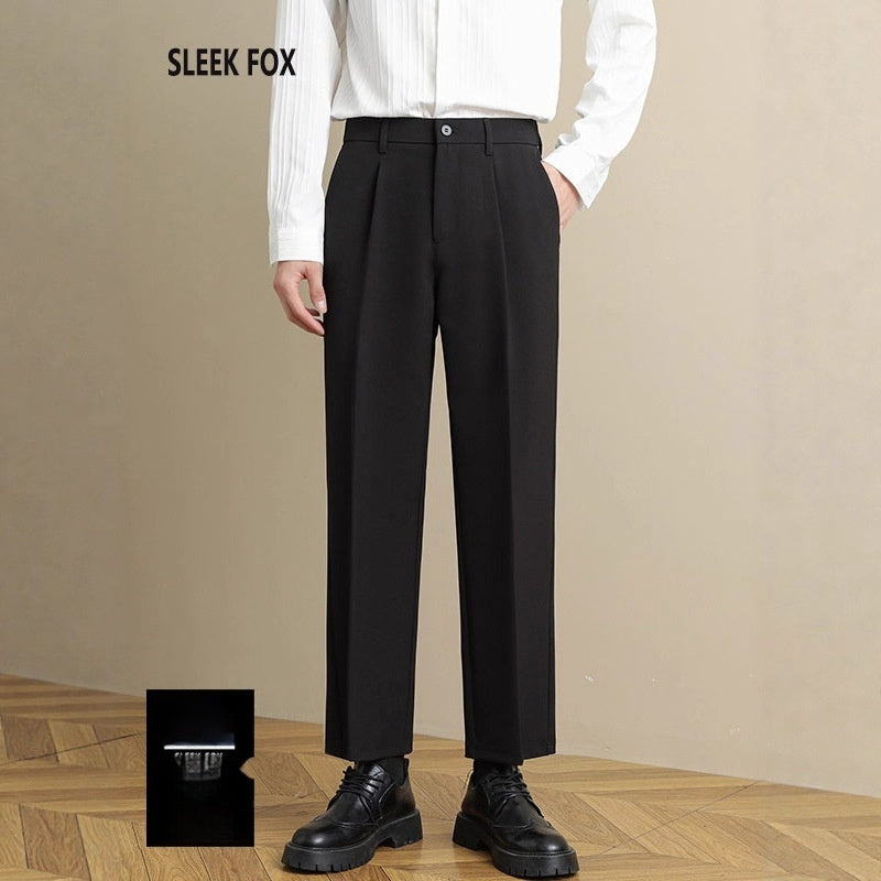 Men’s straight suit trousers, black, pleated front with belt loops and button closure