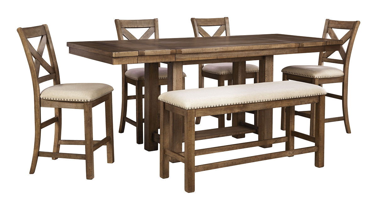 Dark brown rectangular counter-height dining table with matching upholstered bar stools