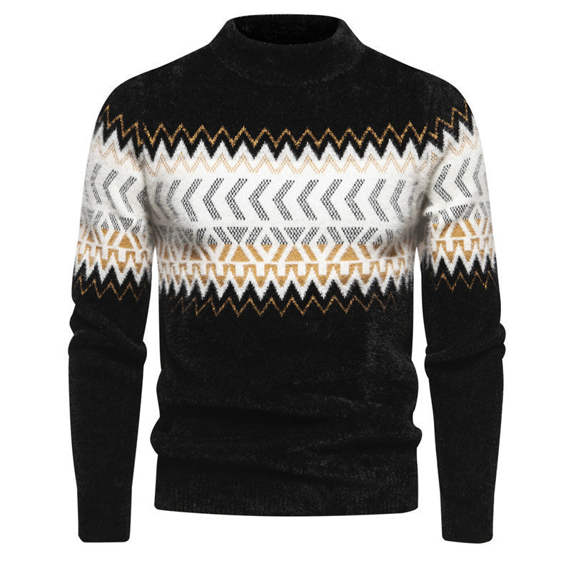 Men's printed round-neck sweater, black with gold and white geometric stripe pattern