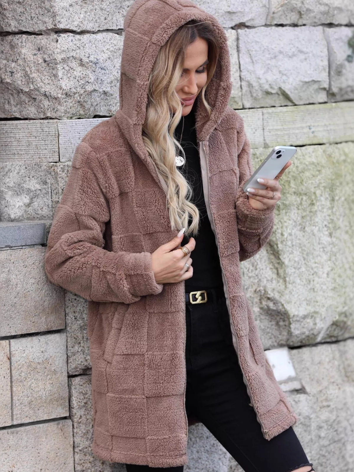 Khaki fleece zip-up hooded jacket with full hood and front zip closure