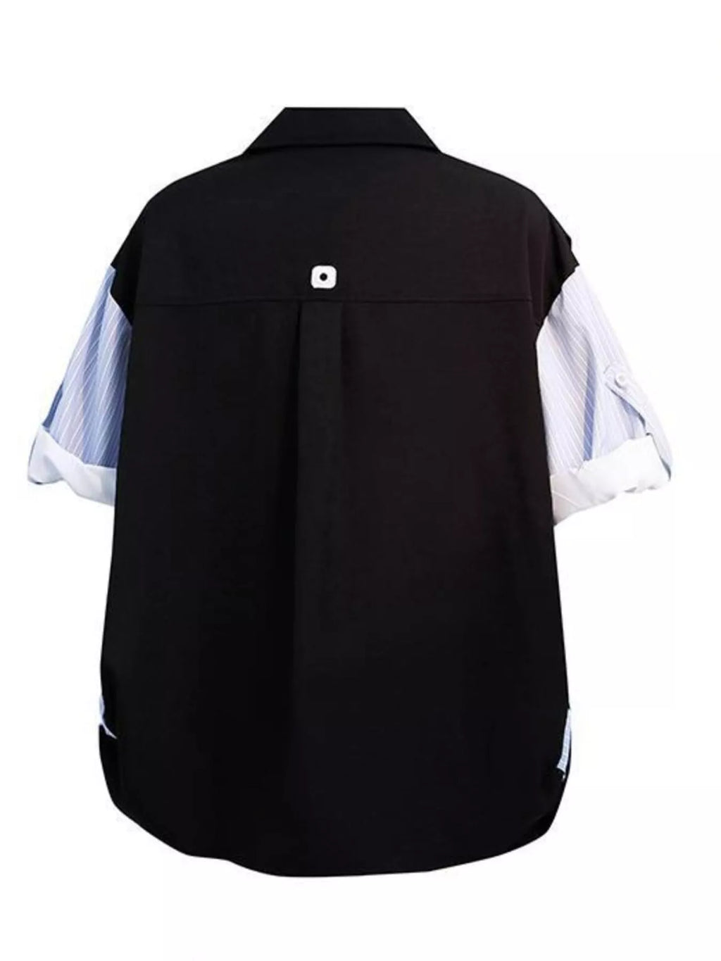 Men's short-sleeve button-up shirt, black back with striped light-blue sleeves