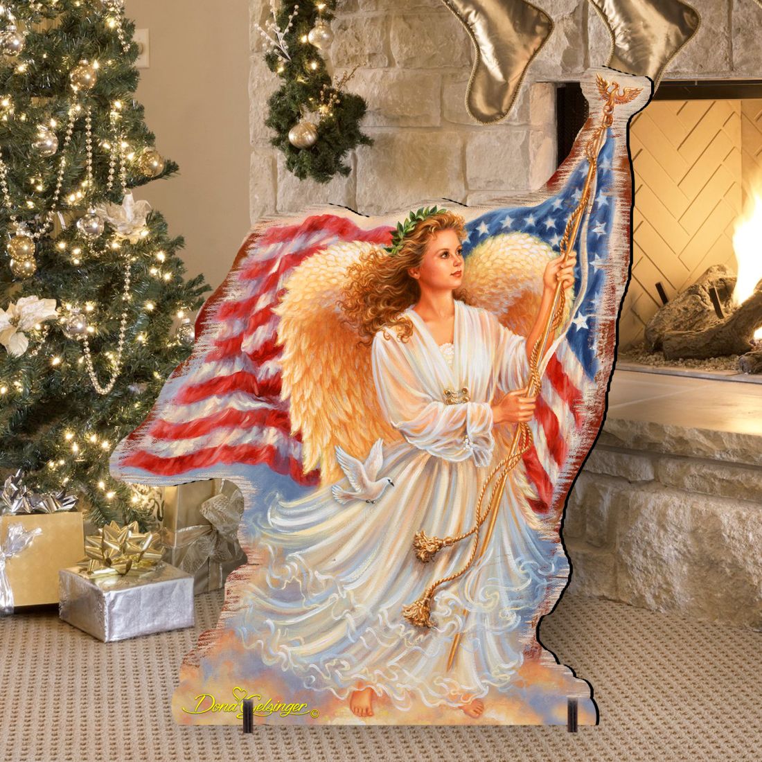 Angel yard decor cutout holding trumpet with American flag drape and winged halo