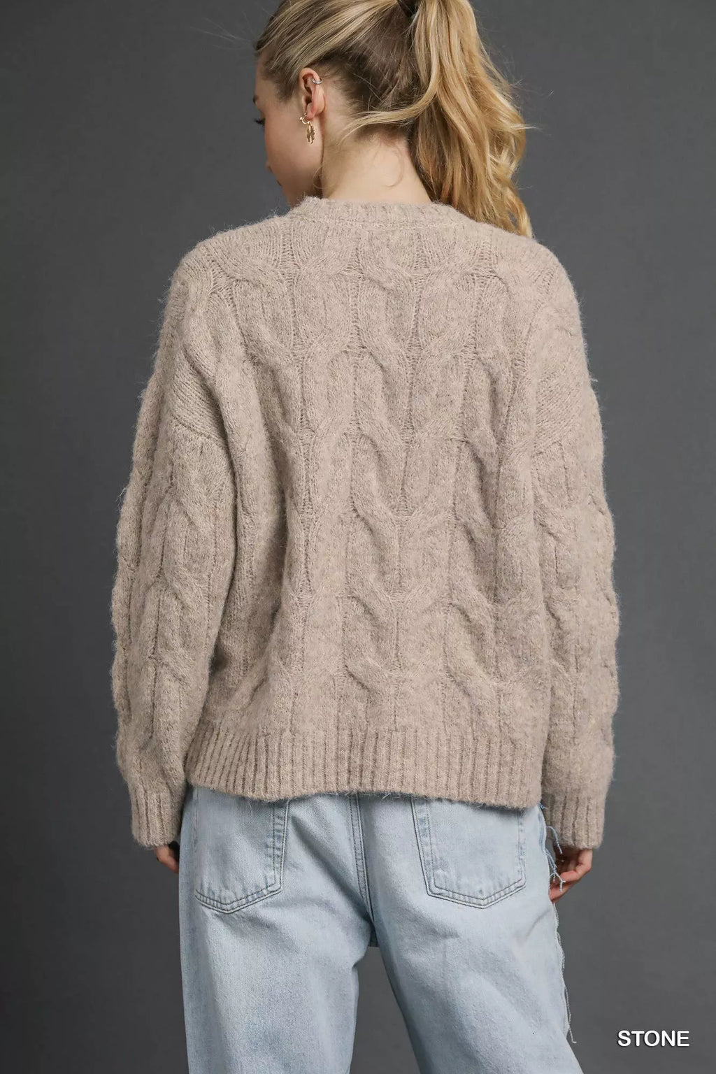 Stone cable-knit sweater with textured cable pattern, crew neck, back view