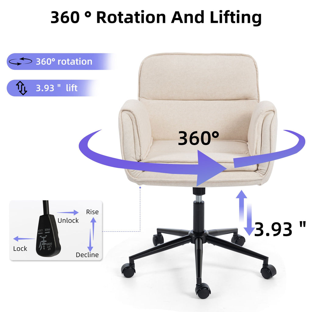 Beige fabric office chair with 360° swivel base, adjustable height, and armrests
