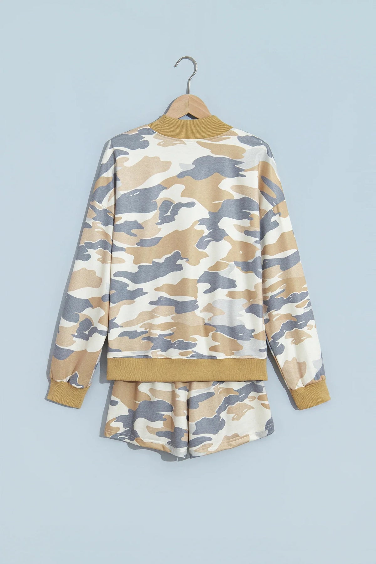 Camo set on hanger: mock neck long sleeve top with ribbed trim and shorts