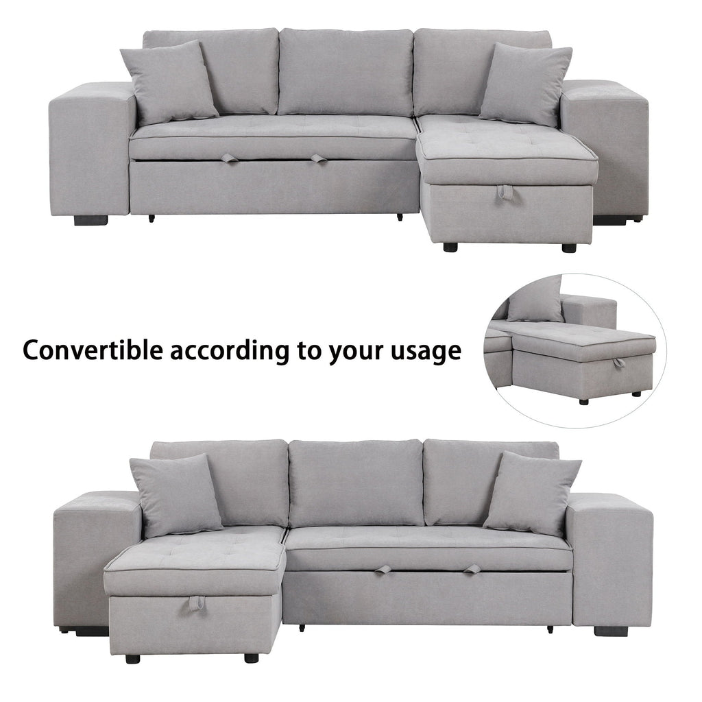 Light gray sectional sleeper sofa with storage chaise and two matching ottomans