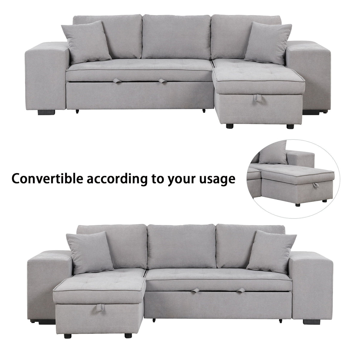 Light gray sectional sleeper sofa with storage chaise and two matching ottomans