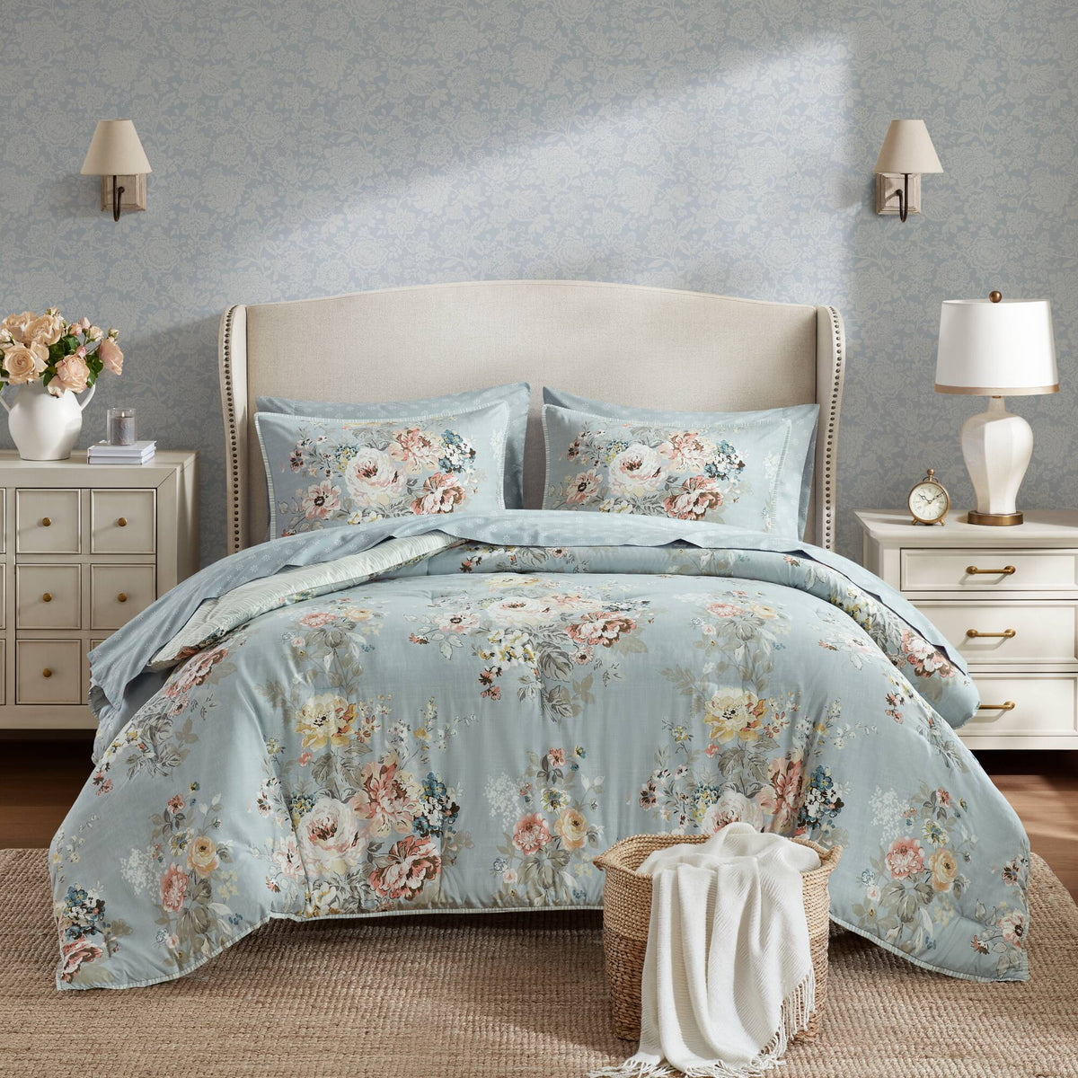 Cal King comforter and pillow shams set in light blue with floral print