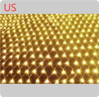 Warm white LED fishnet string lights with glowing star-like bulbs on a grid