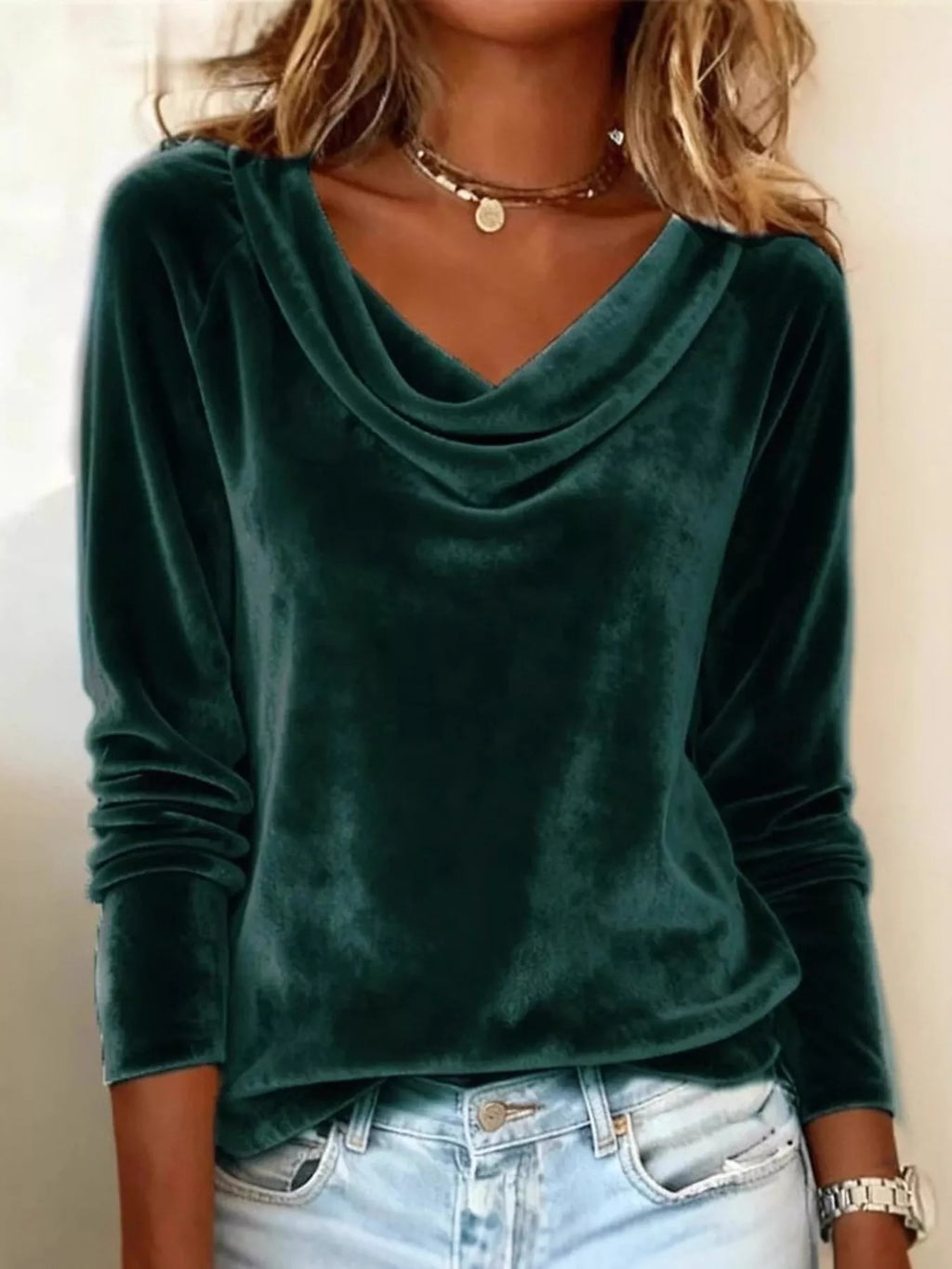 Dark green velvet cowl-neck long-sleeve shirt with soft cowl collar
