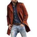 Men's wool coat in reddish-brown, notched lapels, button-front, long sleeves