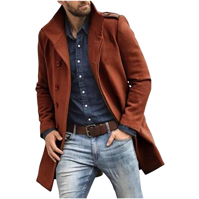 Men's wool coat in reddish-brown, notched lapels, button-front, long sleeves