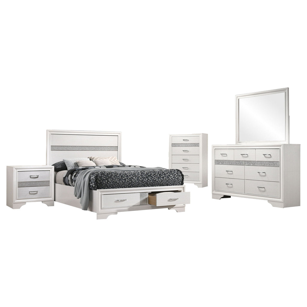 White 5-piece bedroom set featuring bed, nightstands, dresser, and wall mirror