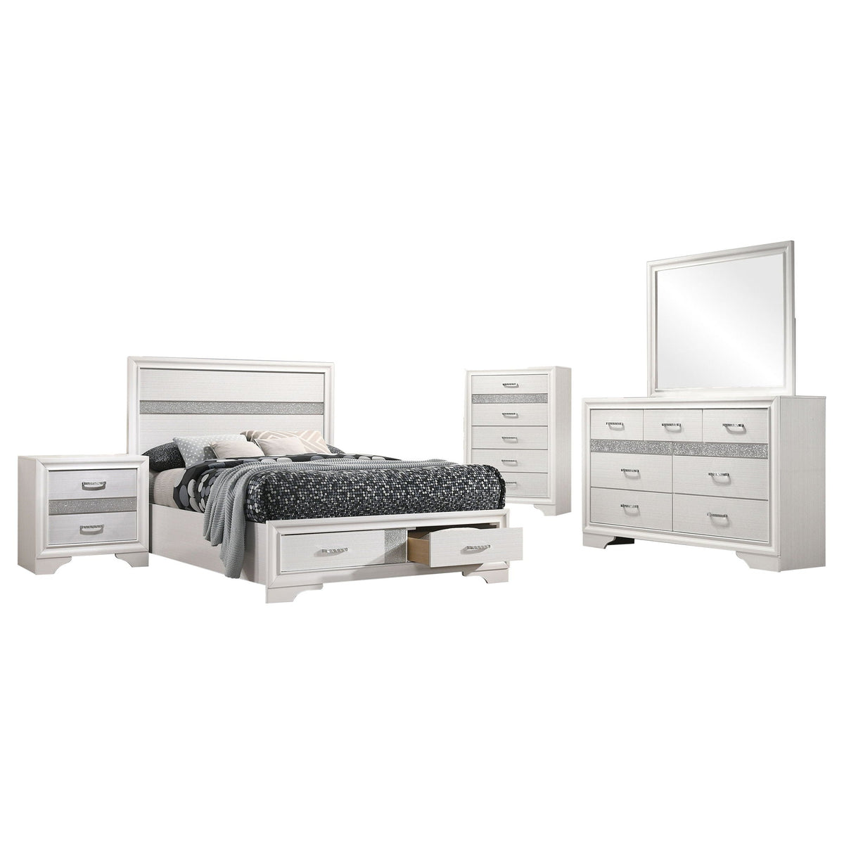 White 5-piece bedroom set featuring bed, nightstands, dresser, and wall mirror