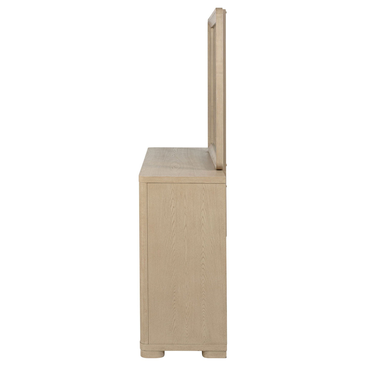 Light elm dresser side view with upright mirror frame and slim base legs